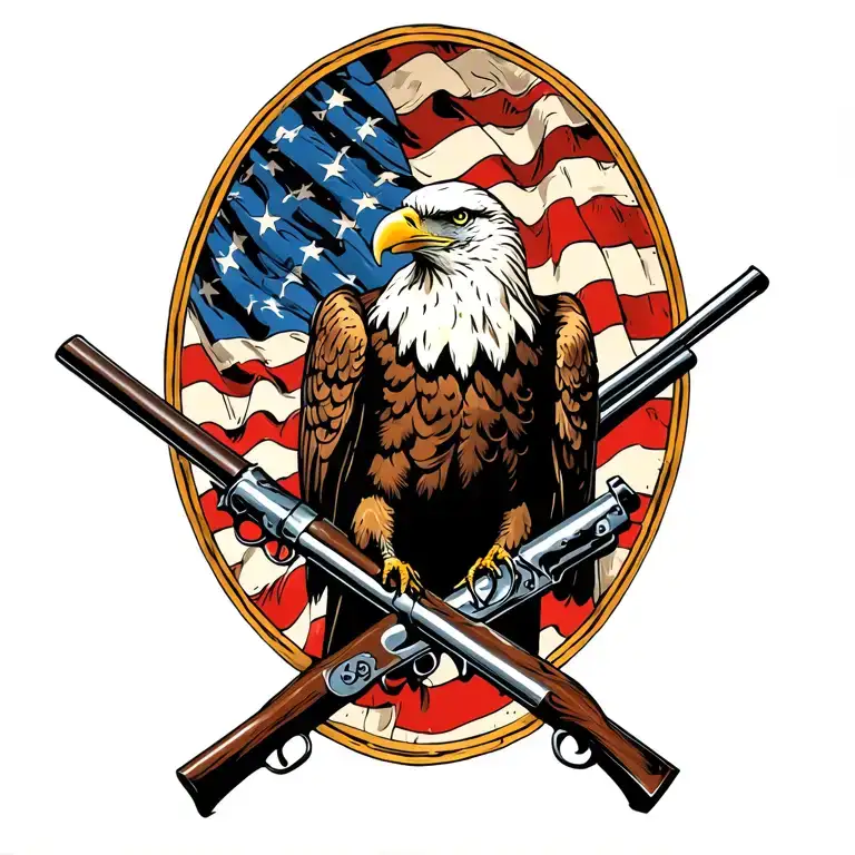Bald Eagle perched on 2 old muskets crossed like an X with an American flag waving in the background. tattoo design idea