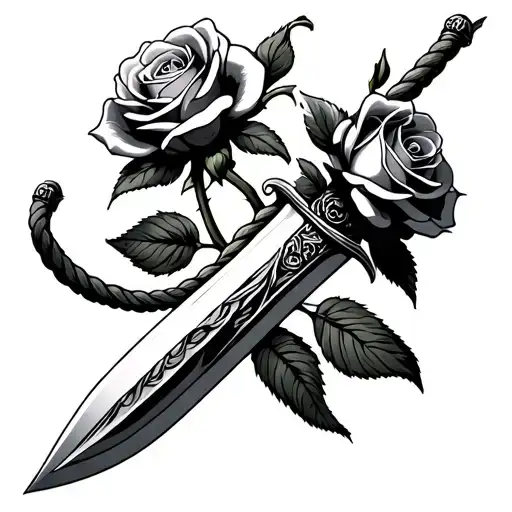 A dagger, perfectly shaded to look almost real, entwined with a fringed rope. At the tip, two roses bloomed, soft petals tattoo design idea