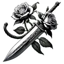 A dagger, perfectly shaded to look almost real, entwined with a fringed rope. At the tip, two roses bloomed, soft petals tattoo design idea