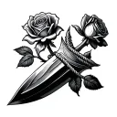 A dagger, perfectly shaded to look almost real, entwined with a fringed rope. At the tip, two roses bloomed, soft petals tattoo design idea