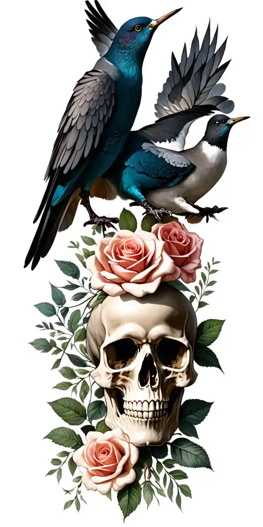 Doves, roses and skulls in the woods tattoo design idea