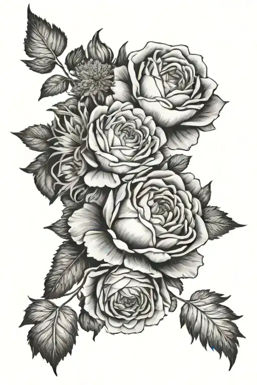 rose, marigold, larkspur, chrysanthemum flower tattoo design idea