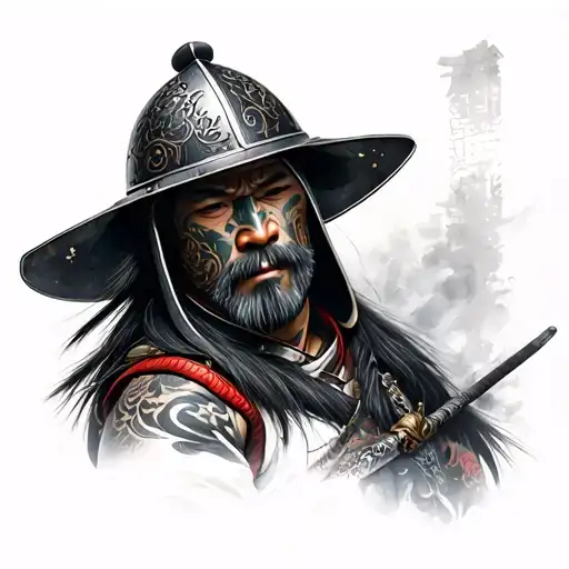 photo realistic ronin samurai wearing a kabuto helmet with maedate tattoo design idea