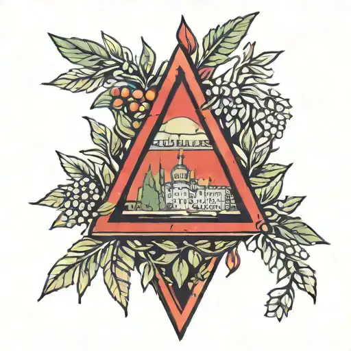 central element a single upside down red triangle with olive branches and berlin cityscape  tattoo design idea
