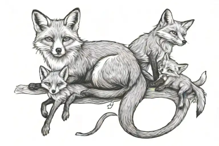 fox mother guiding babies tattoo design idea