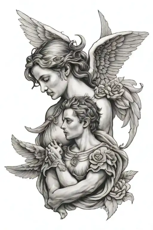 female guardian angel on man's shoulder with wing that extends to tricep tattoo design idea
