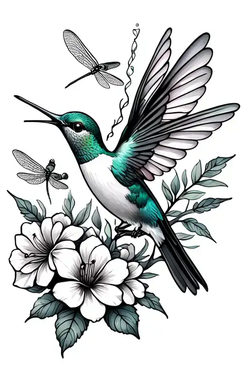 hummingbird, flowers and dragonfly,  tattoo design idea