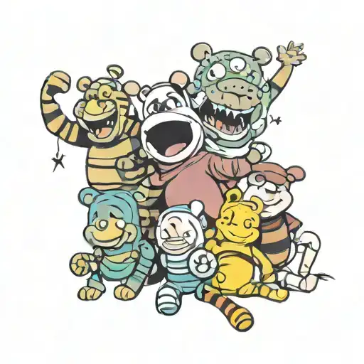 Winnie the pooh & tigger & spongebob squarepants & Patrick starfish posing for a picture tattoo design idea