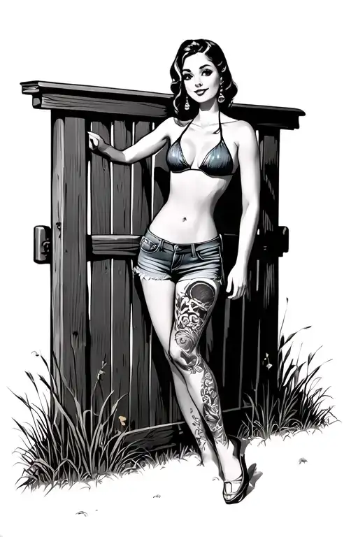 cute pinup girl, standing on a farm gate, wearing denim shorts and a bikini top tattoo design idea