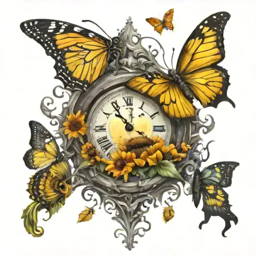 sunflower & butterflies & grand father clock surrounded tattoo design idea