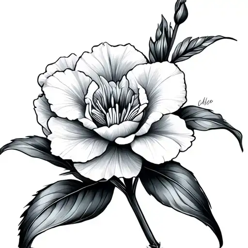 The name Chloe is thinly written with the stem of jonquil carnation Gladiolus tattoo design idea