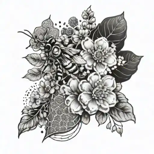 Half arm sleeve with honeycombs and bees and some greenery and flowers.  tattoo design idea