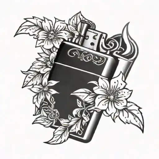zippo lighter with flowers around it  tattoo design idea