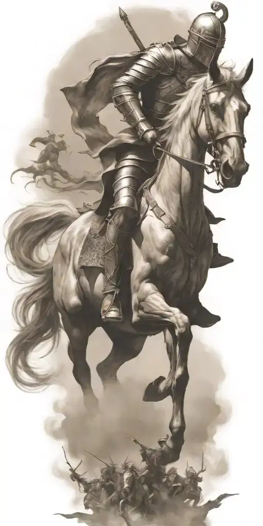 knight riding a horse with demons chasing them behind tattoo design idea