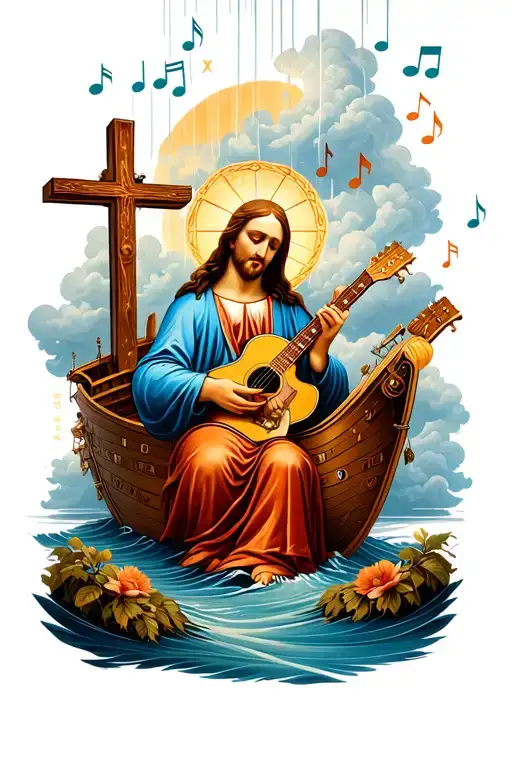 river, Noah's ark, Jesus, cross, Virgin Mary praying, music notes, guitar, clouds, rain tattoo design idea