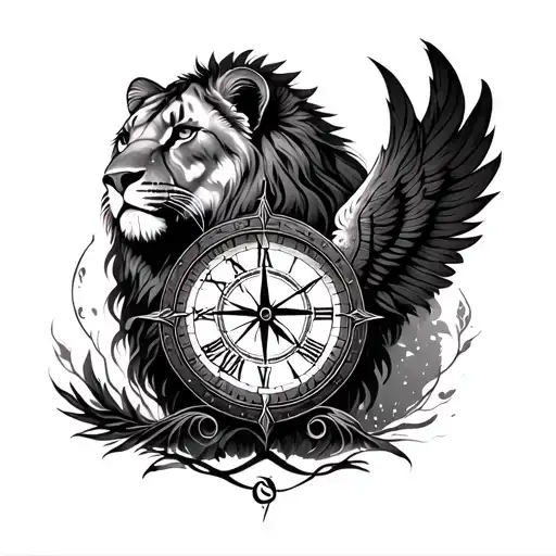lioness, clock, compass, tree of life, infinity sign, phoenix feather tattoo design idea
