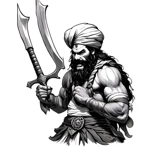 sikh angry warrior with weapon in hand tattoo design idea