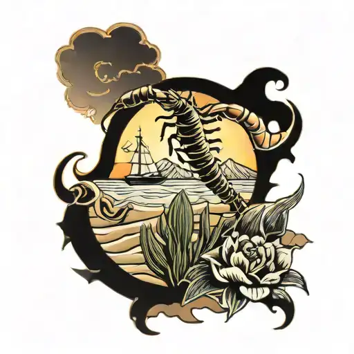 scorpion in an Arizona desert with a sunrise and s mirage leading to an underwater ocean scene with a crashing ship  tattoo design idea