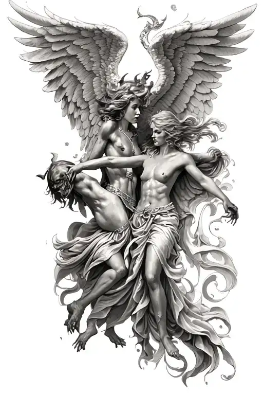 Battle between angel and demon, guardian angel wings tattoo design idea