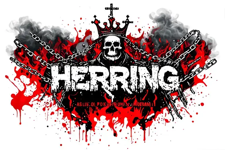 "HERRING " SKULL, CROWN, SMOKE, FIRE, CHAIN + CROSS tattoo design idea