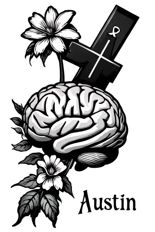memorial that has the name Austin, and has a brain, flowers, a cross, and a cancer ribbon  tattoo design idea