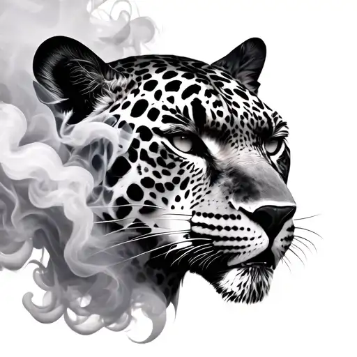 A surreal double exposure tattoo design of a fierce jaguar face morphing into spiritual smoke, hyper-realistic black and tattoo design idea
