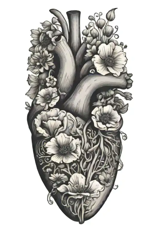 abstract design human heart, poppies, anemones, mushrooms, music, love tattoo design idea