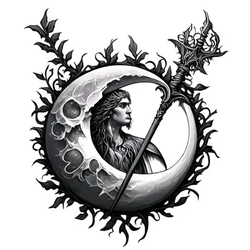 Merlin, staff, moon, vines wrapped tattoo design idea