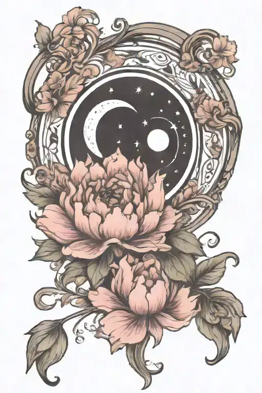 crescent moon, fairy core, peony, art nouveau tattoo design idea