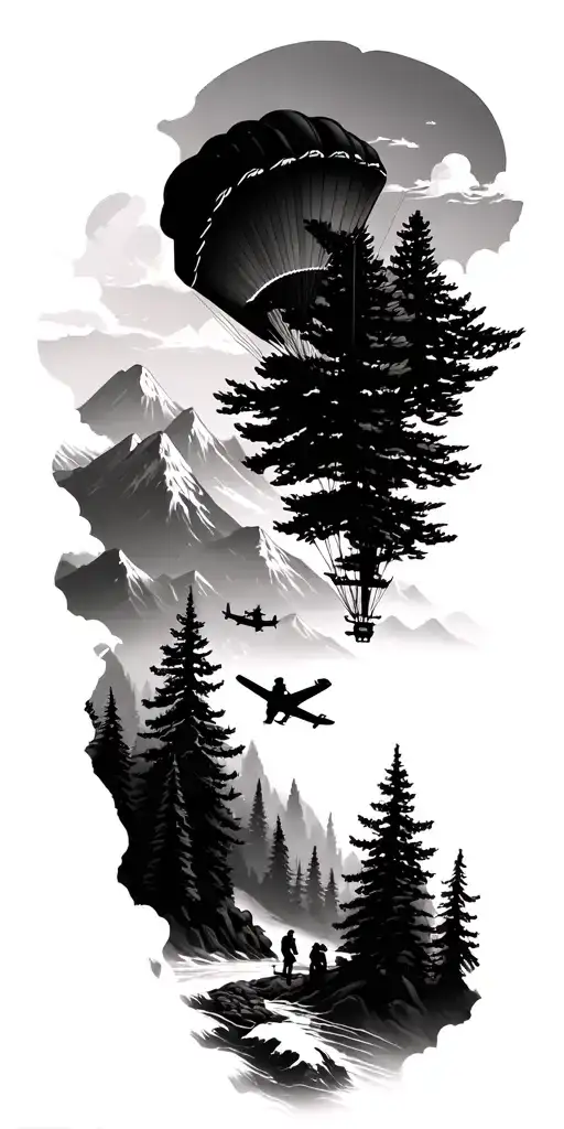 pine forest landscape, river, mountains, soldiers parachute, aircraft, tattoo design idea
