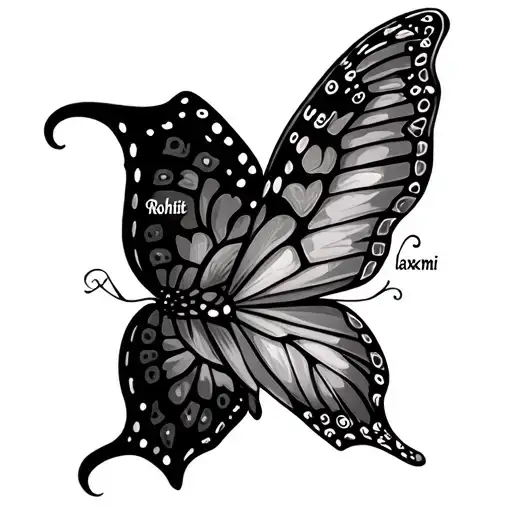 butterfly tattoo with a dreamy and classy look of resilience. on each wing is hidden the names "Rohit" and "laxmi" each. tattoo design idea