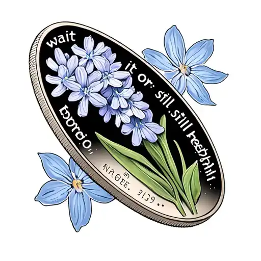 elongated US coin with hyacinth and forget me nots with words " wait for it, still breathin" tattoo design idea