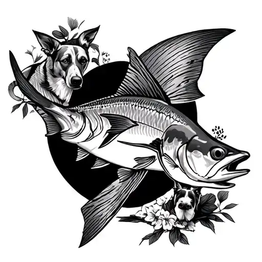 aerial view of a tuna fish and dog in a circular pattern on a Japanese inspired background tattoo design idea