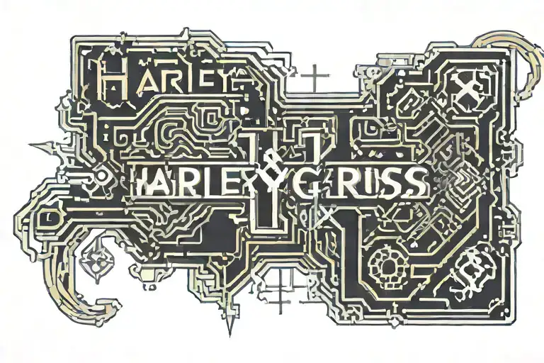 Tramp stamp with text "Harley & Cross" tattoo design idea