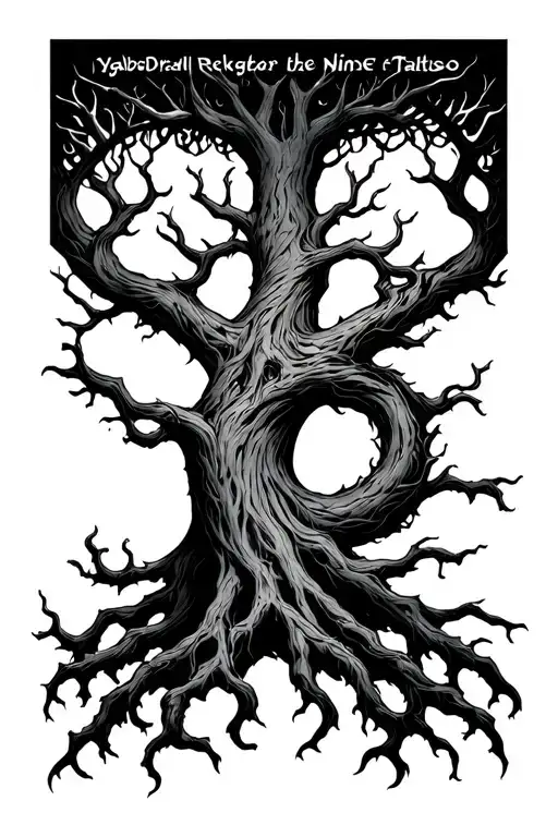 Yggdrasil with 3 long roots reatching for the nine realms tattoo design idea