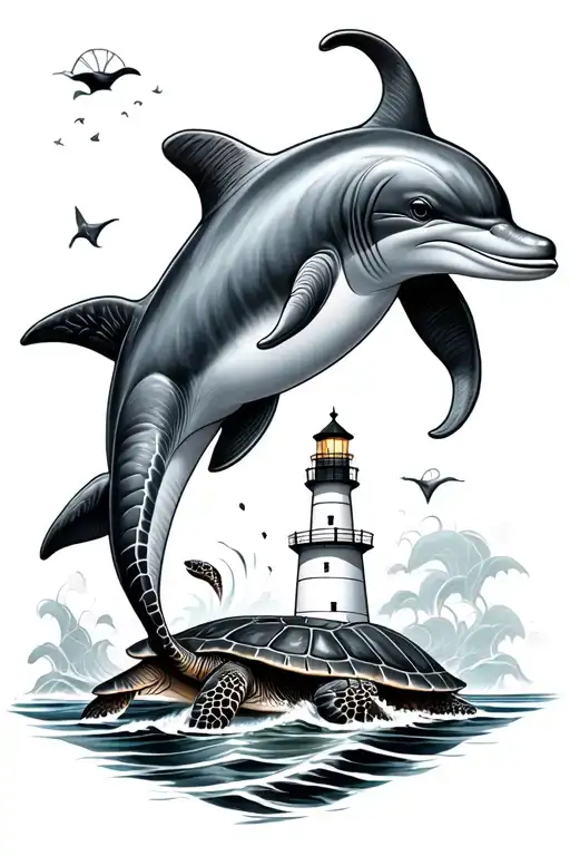 dolphin, sea turtle, light house tattoo design idea