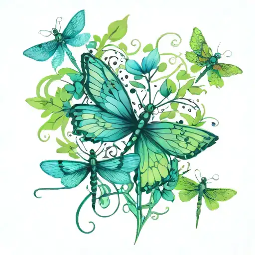four leaf clovers, dragonflies pain grief tattoo design idea