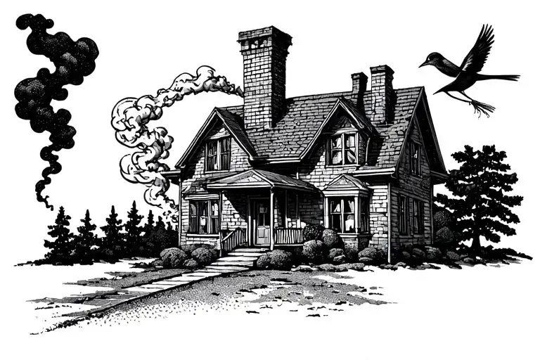 A detailed trap house with smoke billowing out of the chimney and a roadrunner perched on the roof tattoo design idea