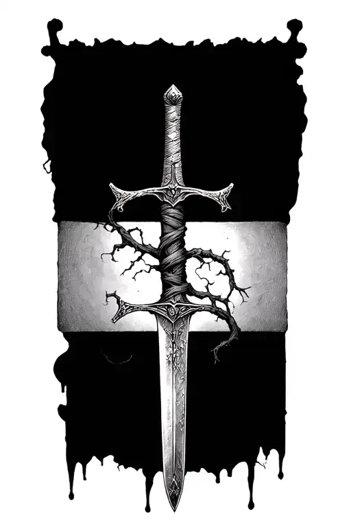 thin swords wrapped in thin vines hanging tattoo design idea