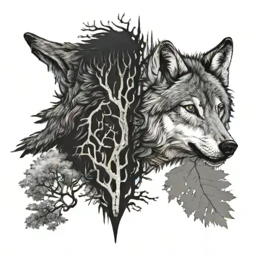 half tree and half wolf head tattoo design idea