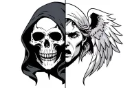 a grim reaper skull and hood as one half of a face with a crying angel as the other half of the face. tattoo design idea