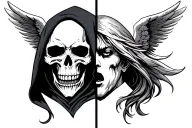 a grim reaper skull and hood as one half of a face with a crying angel as the other half of the face. tattoo design idea