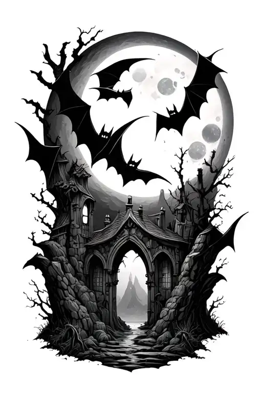 gothic bats caves and moon surrounded tattoo design idea