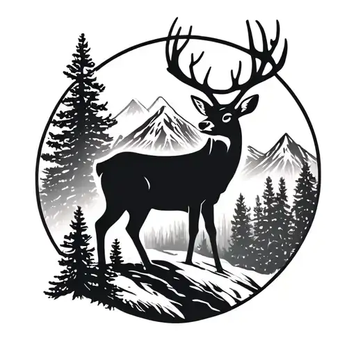 A deer silhouette with a mountain landscape inside, symbolizing your love for hunting and nature tattoo design idea