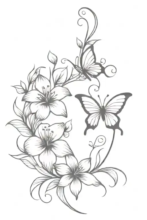 long vine tattoo with a butterfly at top and tiger lily and hibiscus flowers leading down tattoo design idea