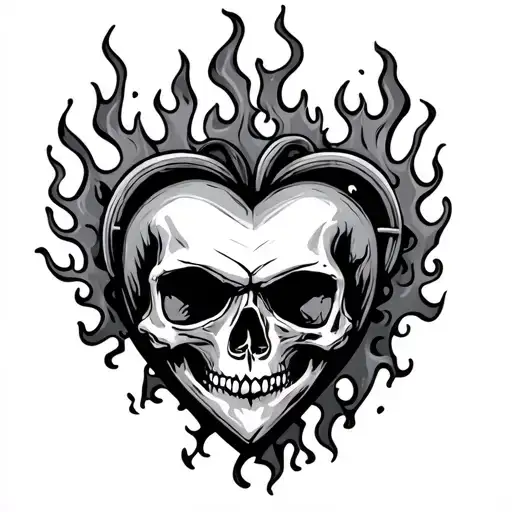 cold heart with skulls and flames tattoo design idea