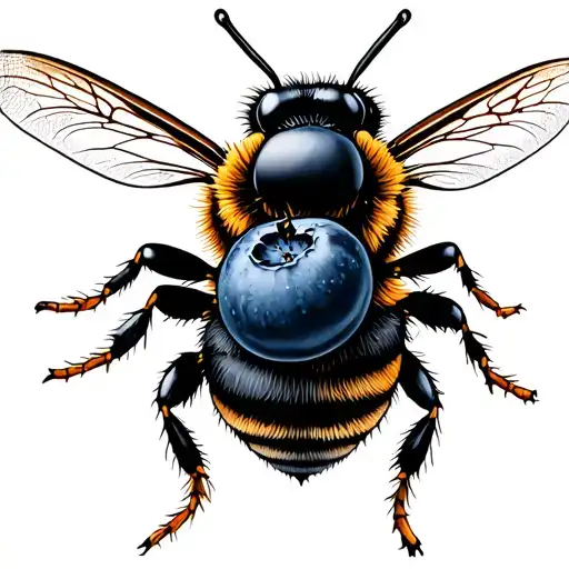 Black and white bee facing sideways holding one blueberry   tattoo design idea