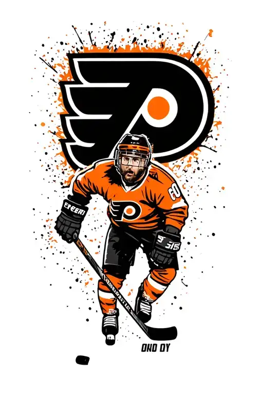 "FLYERS" Philadelphia flyers logo with gritty poking his head of the p and holding a hockey stick below it tattoo design idea
