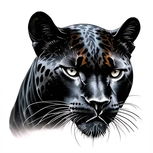 Realistic black panther tattoo design, anatomical fit for the knee. Panther’s head centered on the kneecap, with the ope tattoo design idea