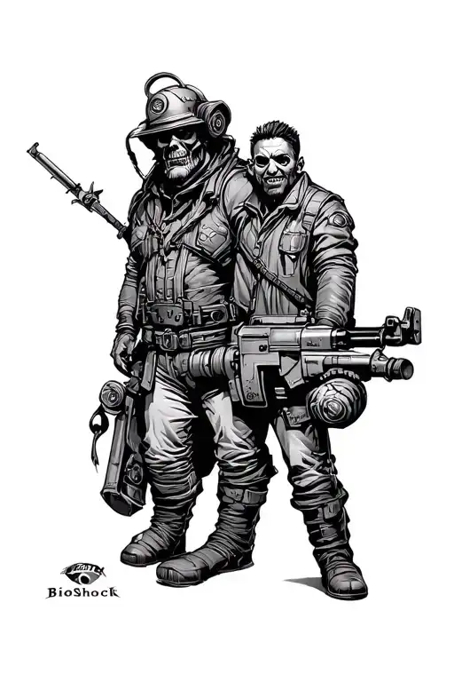 big daddy BioShock and lone wanderer fallout tattoo design idea